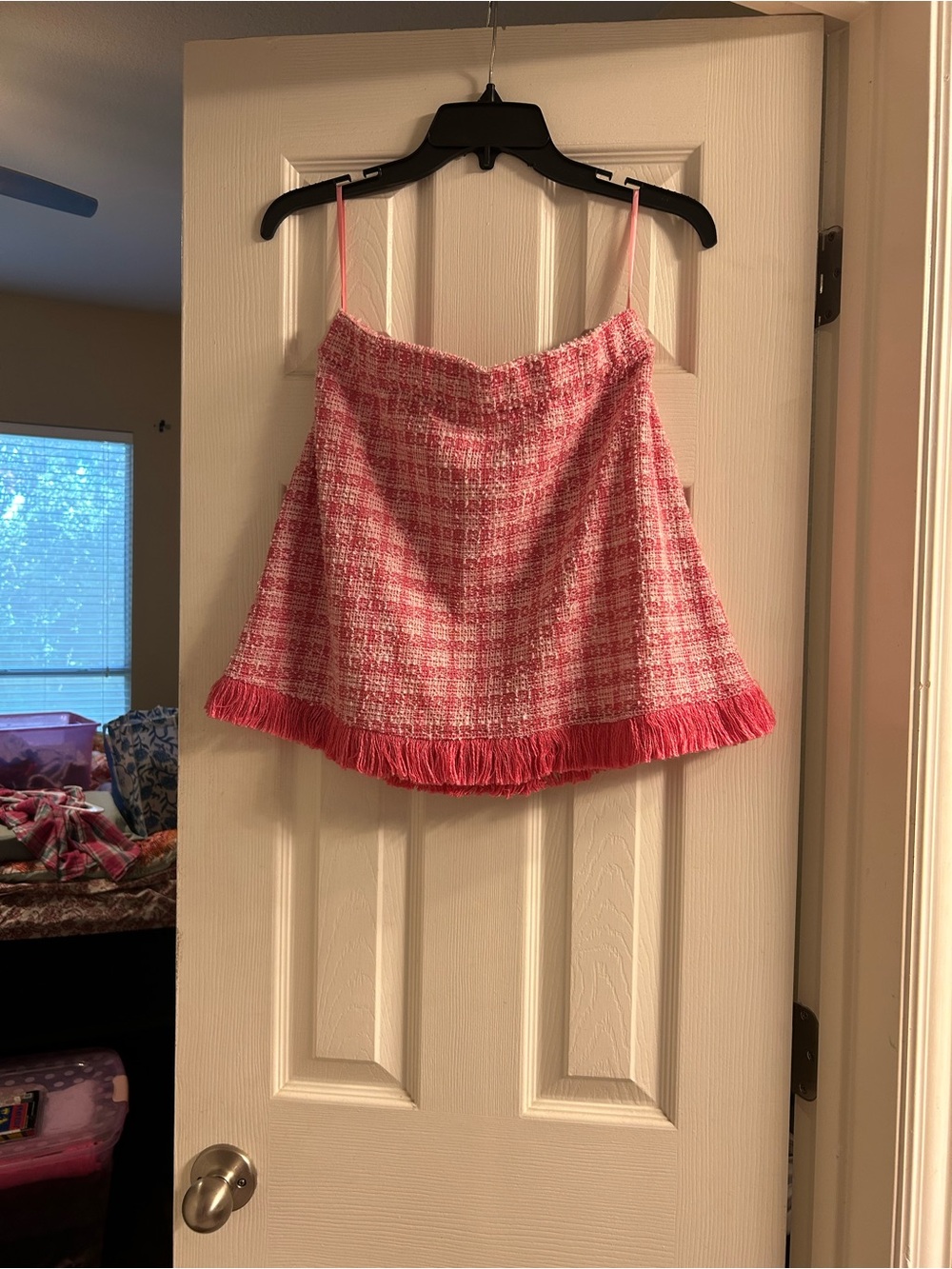 Sincerely Ours Pink  Preppy Tweed Fringe Mini Skirt large